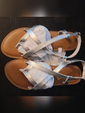 Zara Silver Strappy Flat Sandals with Tan Footbed